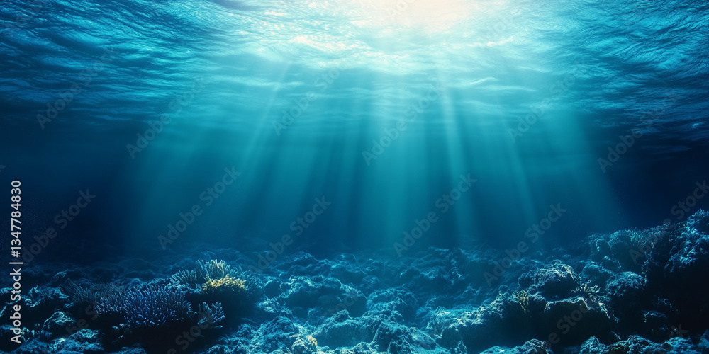 Naklejka premium Underwater view of sunlight rays penetrating the ocean depths