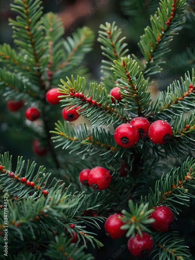 Festive evergreen branches with red berries.1 Festive evergreen branches with red berries.1