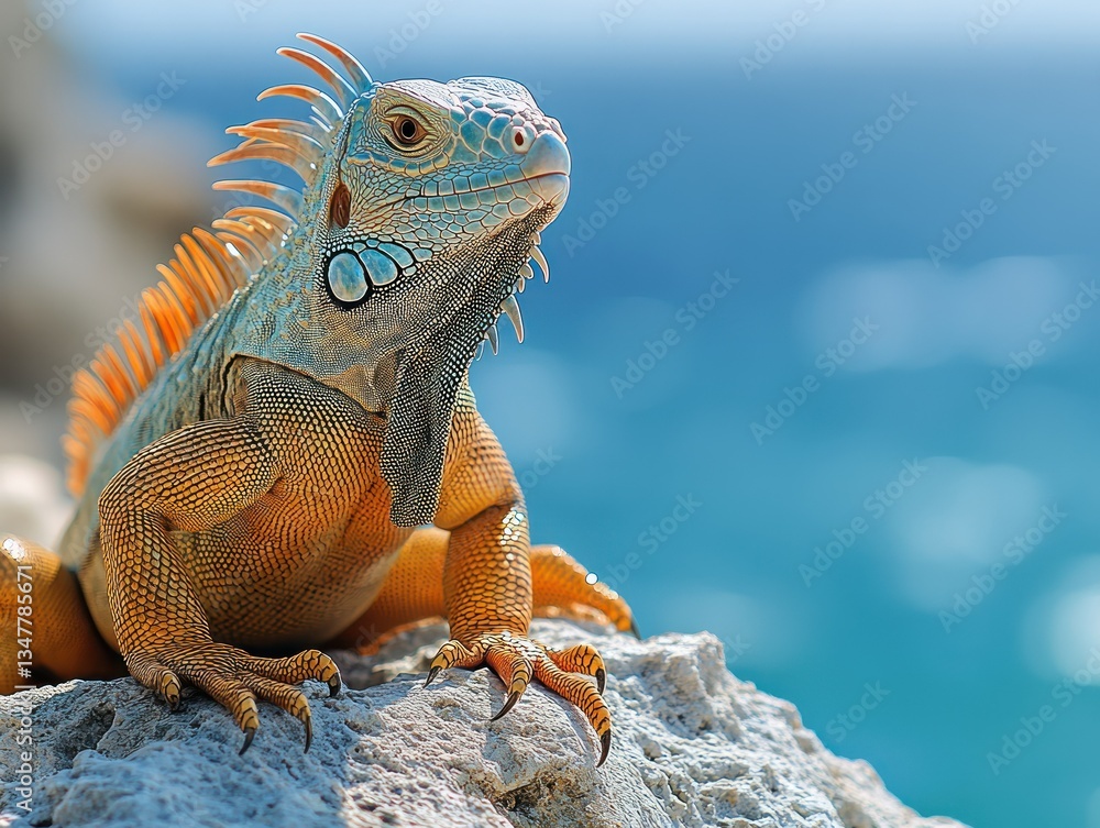 Obraz premium Coastal Iguana basking, ocean background, reptile portrait