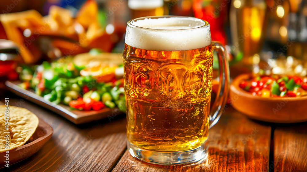 Festive party table with refreshing beer, delicious Mexican food, and vibrant decorations Festive party table with refreshing beer, delicious Mexican food, and vibrant decorations