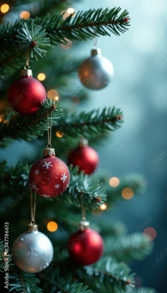 Christmas tree ornaments hanging from a metal snowflake background, winter wonderland, metallic colors Christmas tree ornaments hanging from a metal snowflake background, winter wonderland, metallic colors