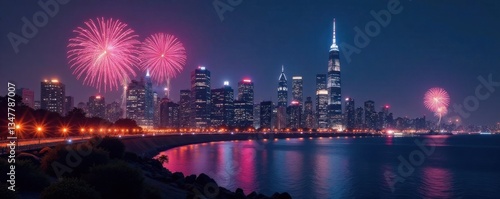 Wallpaper Mural City skyline at night with fireworks and decorations, celebration, cityscape, fireworks Torontodigital.ca