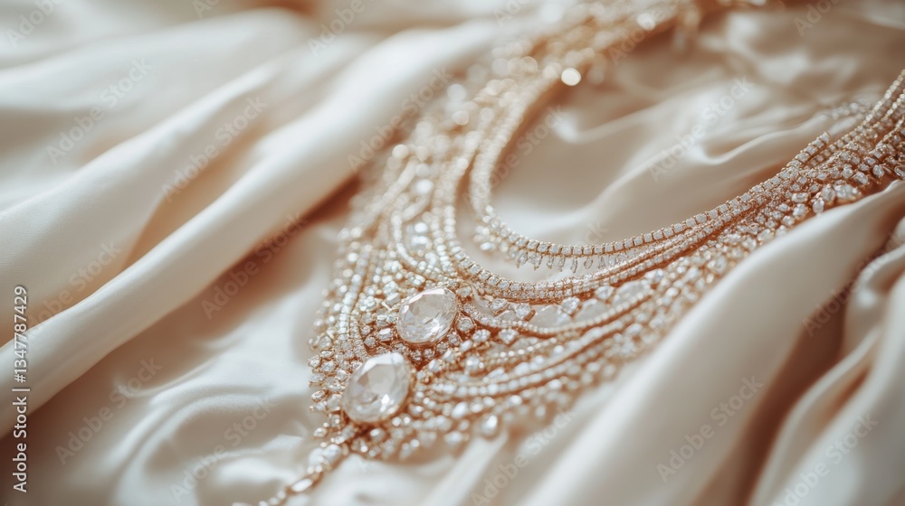 A gold bridal jewelry set with gemstone accents, featuring a layered necklace and matching earrings, displayed on a luxury fabric backdrop. A gold bridal jewelry set with gemstone accents, featuring a layered necklace and matching earrings, displayed on a luxury fabric backdrop.