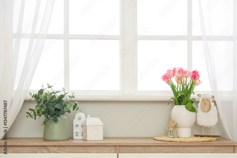 Vase with tulips and Easter decor on shelf near window in room Vase with tulips and Easter decor on shelf near window in room