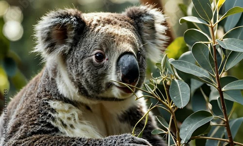 A close-up of a koala munching on eucalyptus leaves in its natural habitat.