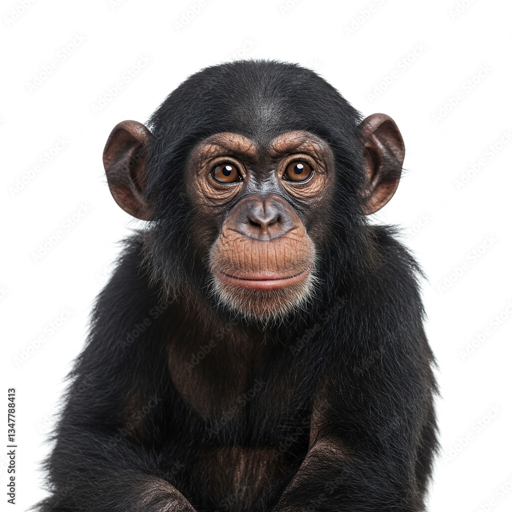 Naklejka premium Young Chimpanzee, Simia troglodytes, 5 years old, sitting in front of white background