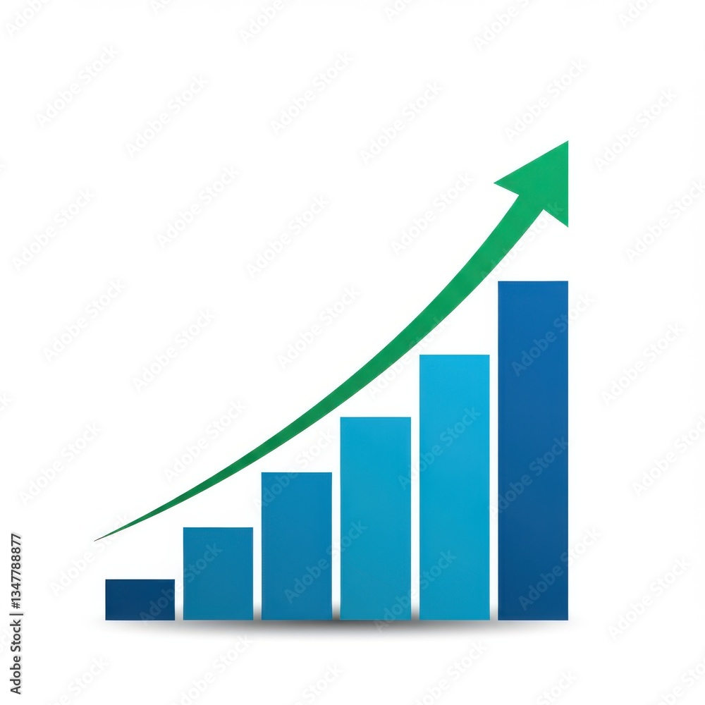 Business graph with an upward trend featuring a blue bar chart and green arrow representing financial growth Business graph with an upward trend featuring a blue bar chart and green arrow representing financial growth