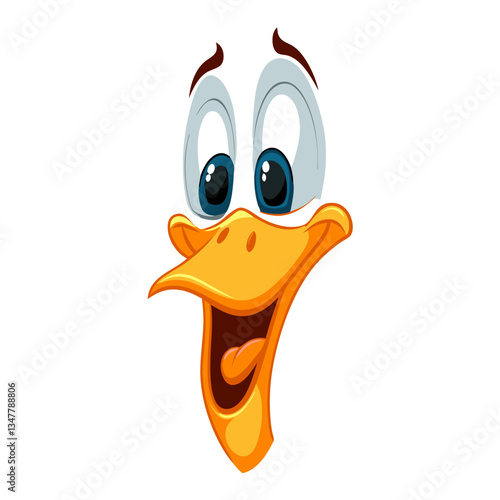 a cartoon duck face with an expressive look, the duck with a cheerful expression, large blue eyes, and an open beak