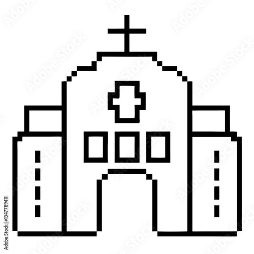 a pixelated illustration of a church with a cross on top, a symbol of faith and community