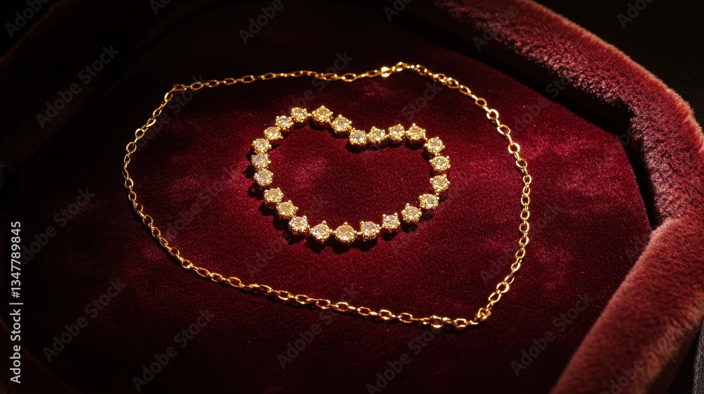 Fototapeta premium A gold necklace arranged in a heart shape on a velvet jewelry pad.