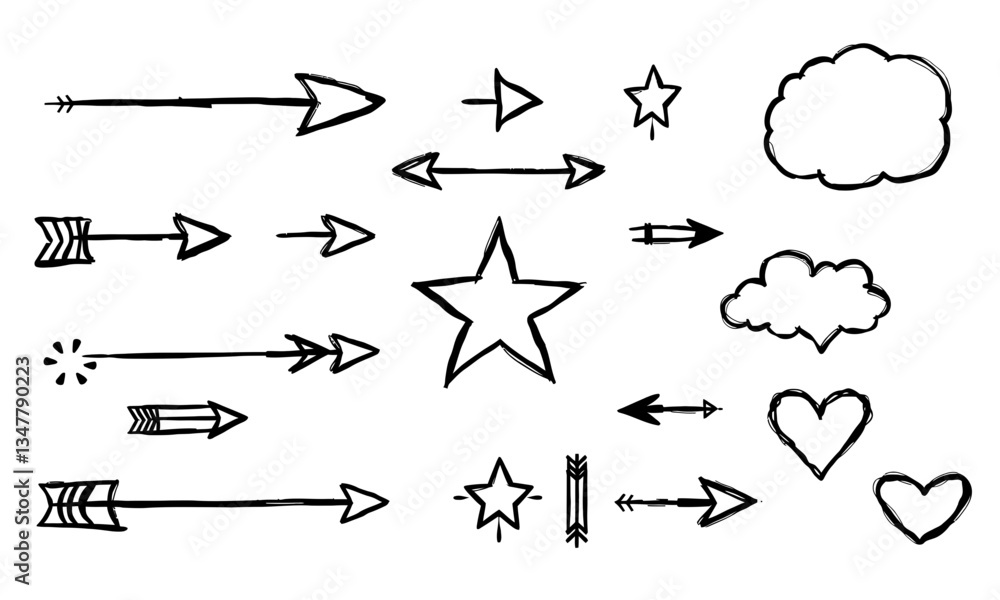 Hand drawn doodle sketches of various arrows, stars, hearts, and clouds create whimsical and playful design. These elements can be used for creative projects, adding unique touch to any artwork Hand drawn doodle sketches of various arrows, stars, hearts, and clouds create whimsical and playful design. These elements can be used for creative projects, adding unique touch to any artwork