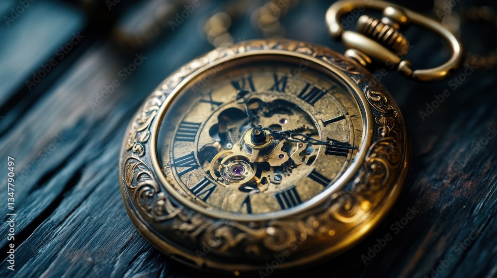 A gold pocket watch with Roman numerals and vintage engravings displayed on a dark wooden surface. A gold pocket watch with Roman numerals and vintage engravings displayed on a dark wooden surface.