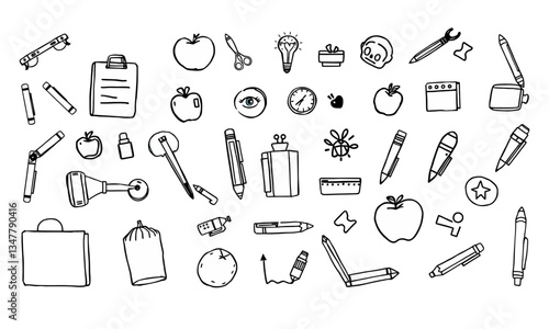 collection of school related objects including apples, pencils, clocks, and various stationery items, creating vibrant and educational atmosphere