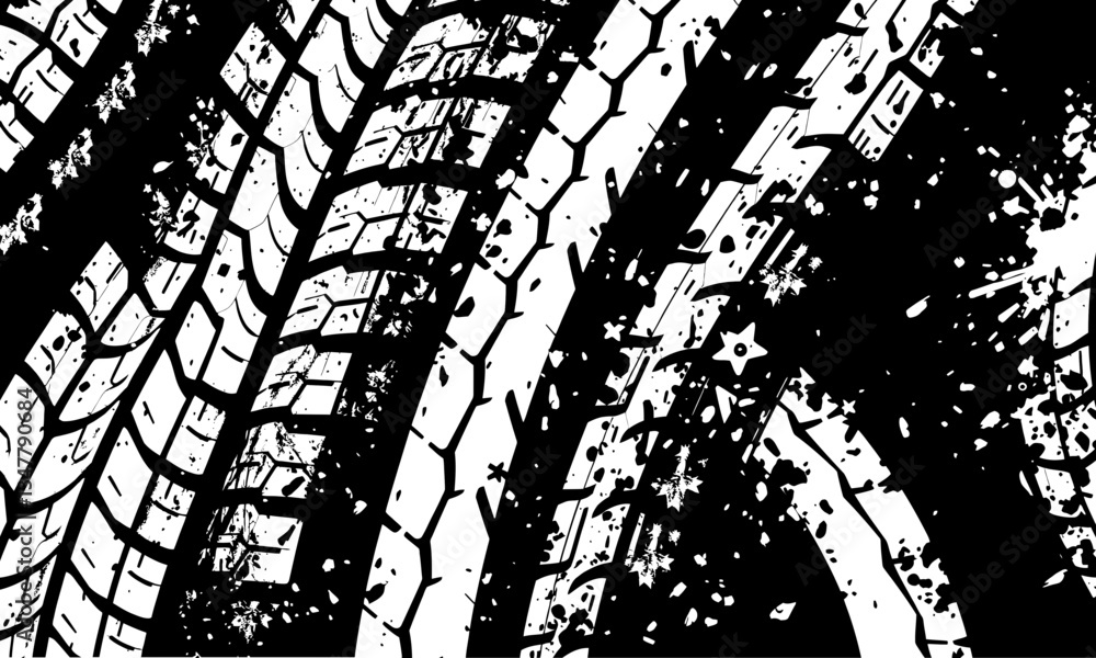 Naklejka premium Tire texture patterns create dynamic visual, showcasing intricate designs and wear marks that tell story of movement and adventure. contrast highlights ruggedness and durability of tires