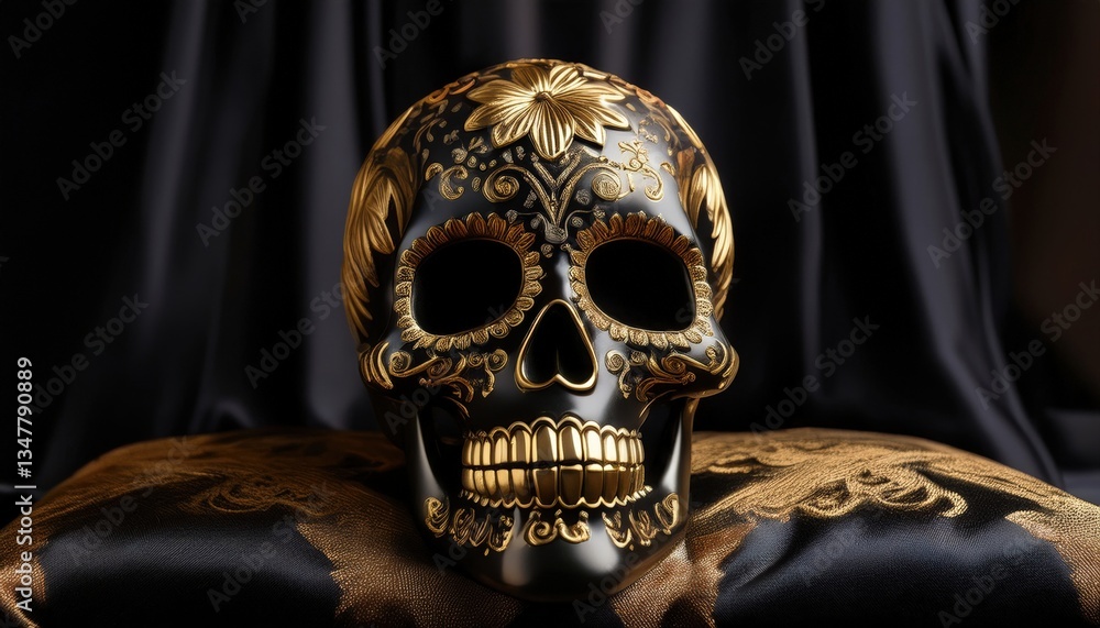 Fototapeta premium A luxurious black-and-gold Día de los Muertos skull resting on a rich velvet cushion, combining elegance with traditional Mexican symbolism in a dramatic, ornate display.