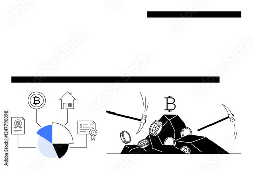 Bitcoin mining tools extracting digital coins from rocks next to pie chart connecting Bitcoin assets. Ideal for blockchain, mining, investment, digital finance, cryptocurrency, economy, flat simple