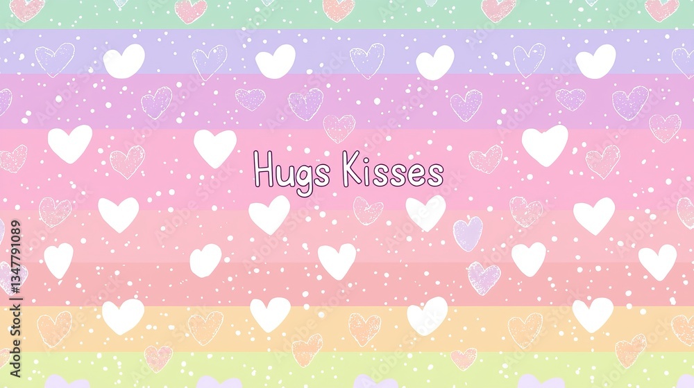 Pastel rainbow seamless pattern with playful Hugs and Kisses text, scattered confetti-style hearts, cheerful design Pastel rainbow seamless pattern with playful Hugs and Kisses text, scattered confetti-style hearts, cheerful design