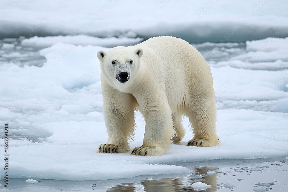 A polar bear strides across ice in a crisp, open view.
A polar bear strides across ice in a crisp, open view.