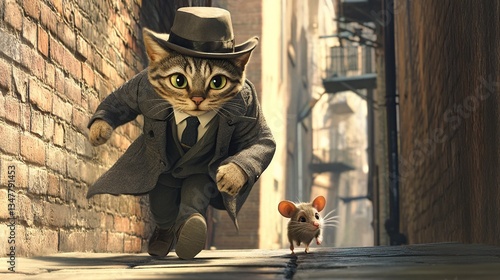 A dapper cat in a trench coat chases a tiny mouse down a brick alleyway. This whimsical image evokes a sense of playful pursuit and old-timey charm, setting a humorous tone.