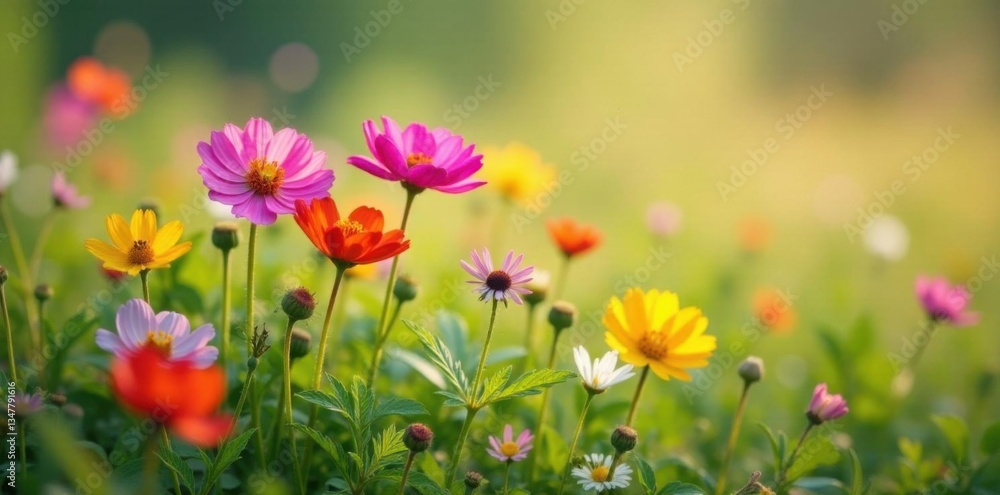 Colorful wildflowers swaying in the gentle breeze, bloom, sunlight Colorful wildflowers swaying in the gentle breeze, bloom, sunlight