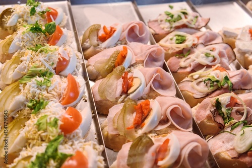 Traditional Czech Open-Faced Sandwiches on Bakery Display

