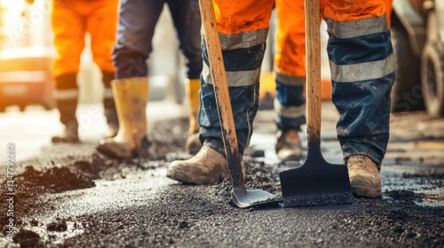 Construction workers paving road urban area action shot vibrant environment close-up view infrastructure development
