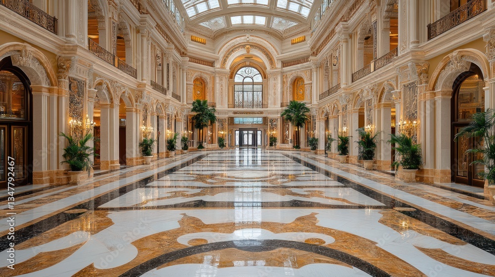 Obraz premium Opulent hall with marble floor and arched ceilings.