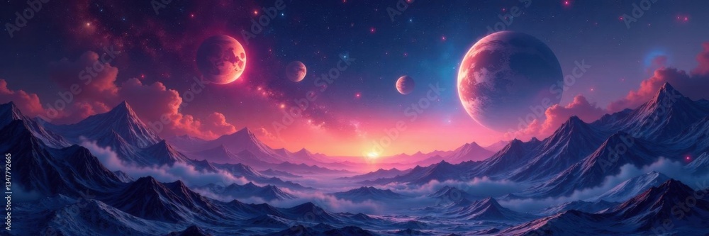 Cosmic Landscape with Glowing Stars and Planets, galaxy, cosmos, astronomy Cosmic Landscape with Glowing Stars and Planets, galaxy, cosmos, astronomy