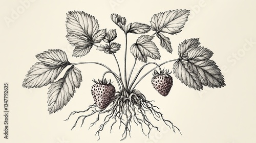 Botanical Illustration of Strawberry Plant with Roots and Leaves