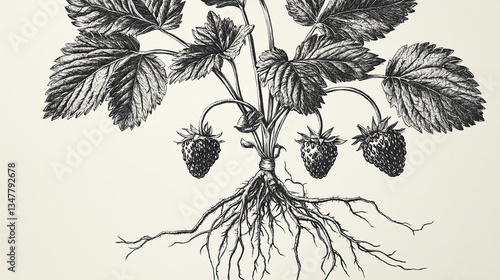 Botanical Illustration of Strawberry Plant: Roots, Leaves, and Berries