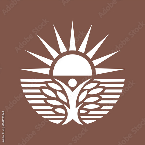 Abstract logo featuring a sun, person-like figure, and leaves, all in white against a brown background