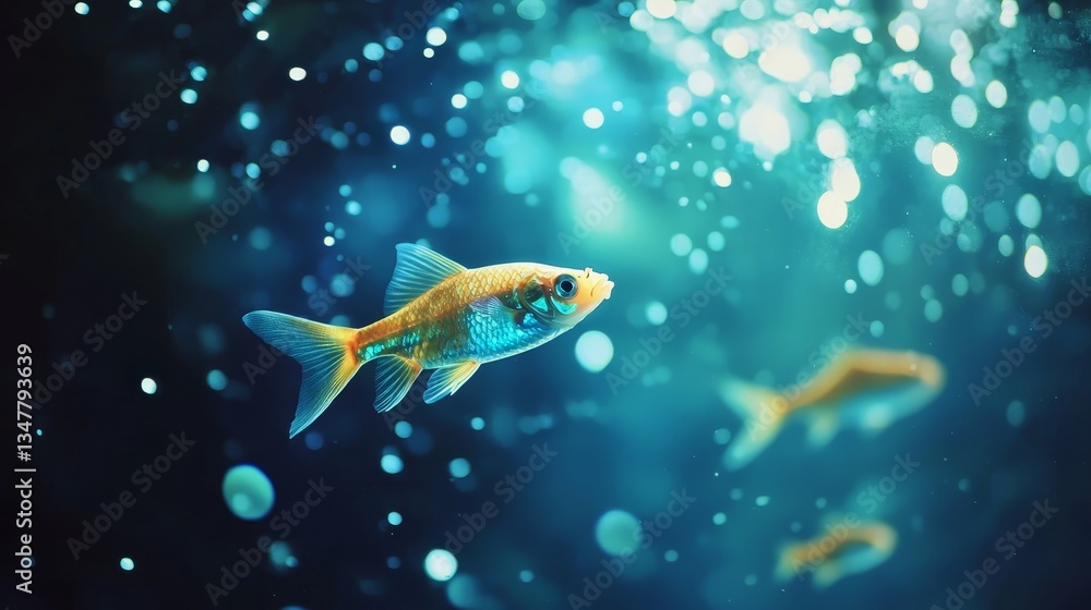 Naklejka premium Neon blue and golden fish swimming harmoniously in a minimalist aquarium, highlighted by a futuristic LED-lit aquatic background