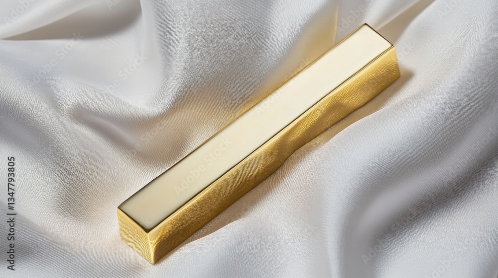 A polished gold bar necklace resting on a smooth white linen fabric. A polished gold bar necklace resting on a smooth white linen fabric.