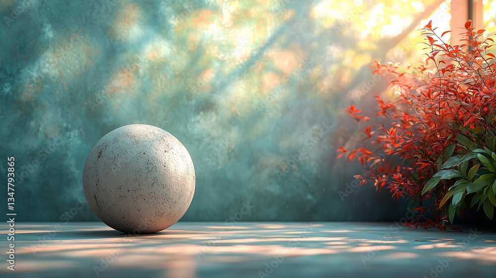 Fototapeta premium Minimalist Still Life with a Textured Sphere and Vibrant Foliage