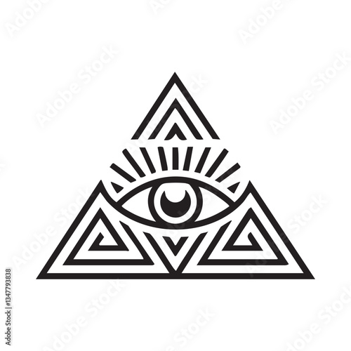 Black and white graphic of an eye within a triangle with rays, geometric and symbolic design