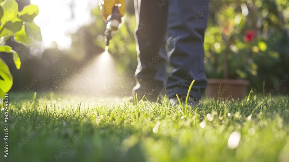 Person Spraying Water on Grass in a Lush Garden Setting Person Spraying Water on Grass in a Lush Garden Setting