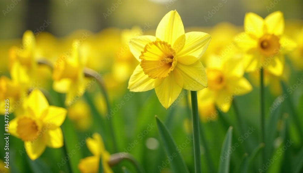 Obraz premium Daffodil field with vibrant blooms swaying in the spring breeze , blooming, daffodils, yellow
