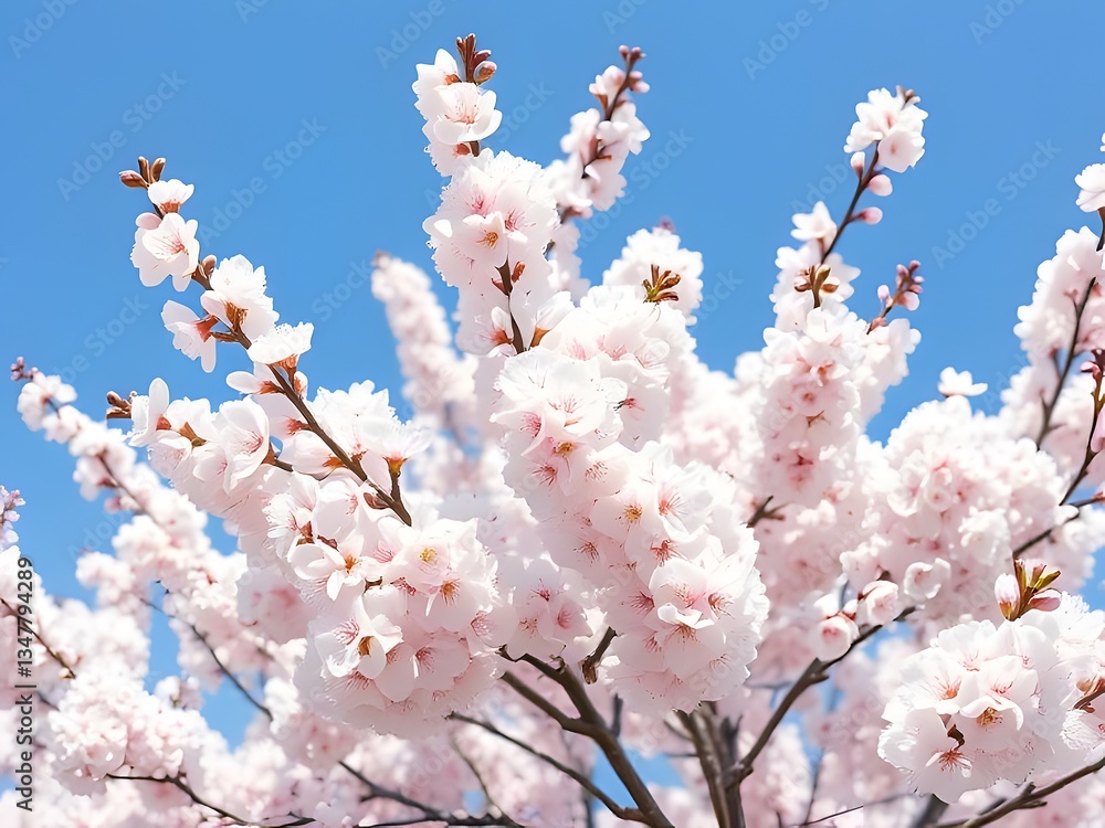 Stunning Cherry Blossom Tree in Full Bloom Against Bright Blue Sky, Springtime Nature Beauty. Stunning Cherry Blossom Tree in Full Bloom Against Bright Blue Sky, Springtime Nature Beauty.