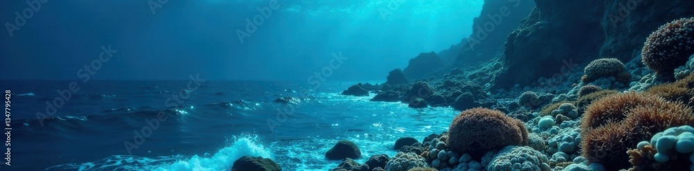 Fototapeta premium dark blue ocean surface with waves gently lapping against underwater reef, waves, coral