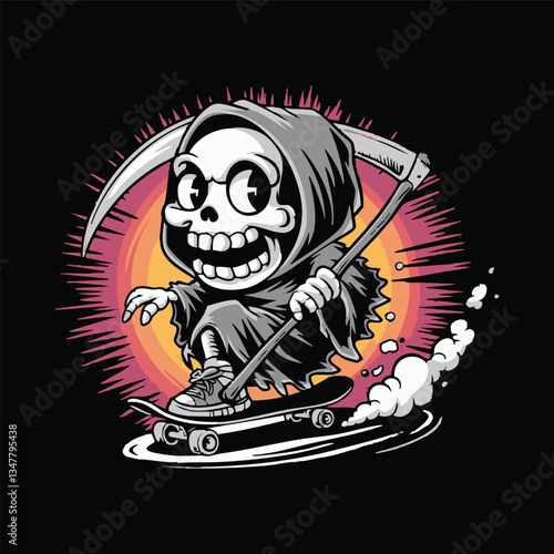 Grim reaper skateboarding, cartoonish style, vibrant background