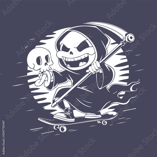 Grim Reaper skateboarding. Holding scythe and skull, in a circular background. Speed lines and motion