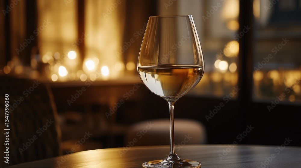 Elegant wine glass on a table with warm ambient lighting Elegant wine glass on a table with warm ambient lighting