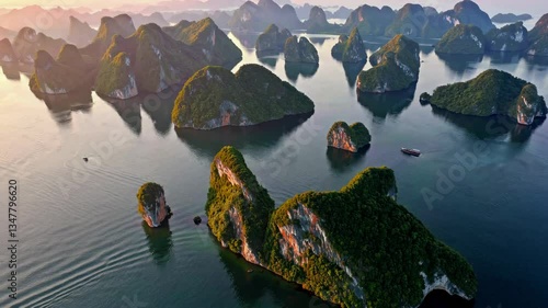Stunning aerial view of limestone islands at sunset in Ha Long Bay, Vietnam