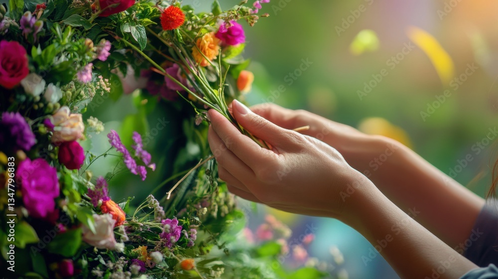 Woman Hands crafting a floral wreath from wildflowers. Summer Solstice Holiday. Woman Hands crafting a floral wreath from wildflowers. Summer Solstice Holiday.