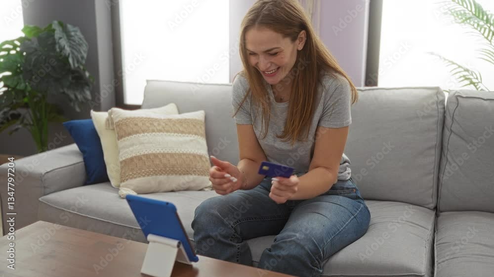 Woman enjoying video call at home, sitting on sofa with tablet and credit card, surrounded by cozy pillows in a modern living room, exuding happiness and relaxation during online shopping. Woman enjoying video call at home, sitting on sofa with tablet and credit card, surrounded by cozy pillows in a modern living room, exuding happiness and relaxation during online shopping.