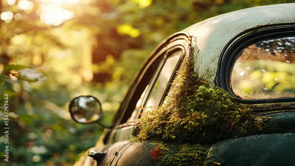 Old car covered in moss sits in quiet forest during golden hour highlighting nature reclaiming human-made objects