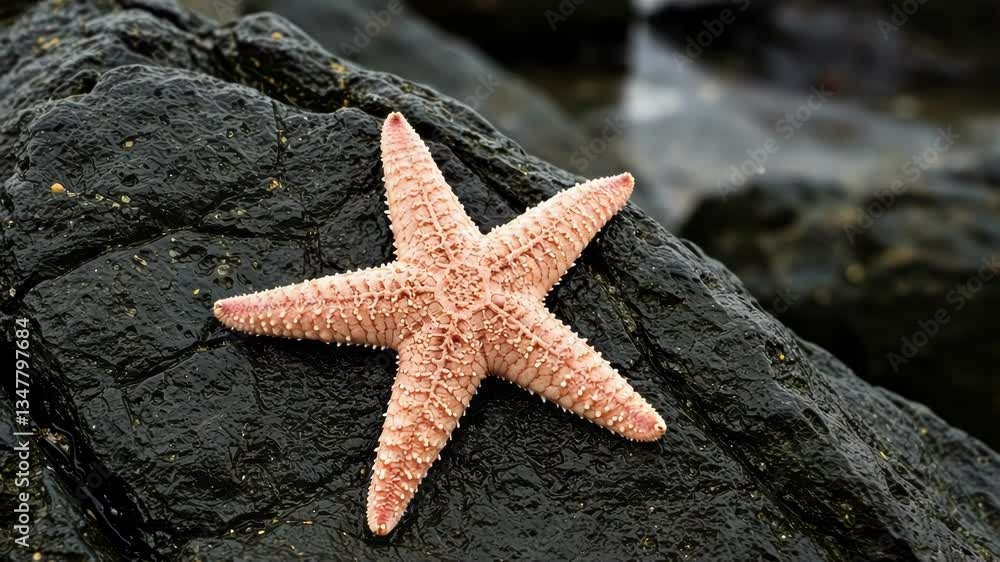 A pink starfish perched on a rocky shoreline near the ocean. A pink starfish perched on a rocky shoreline near the ocean.
