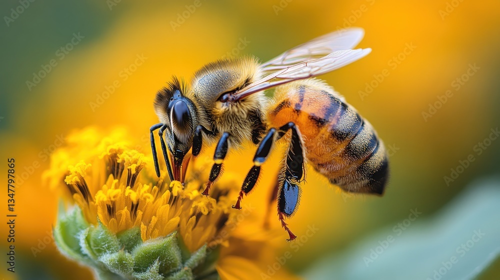 Fototapeta premium A bee collects pollen from a yellow flower.
