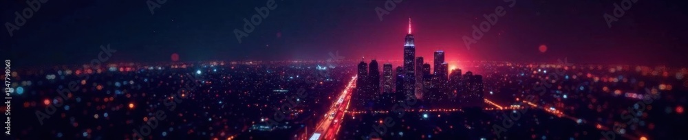 Fototapeta premium Darkened cityscape with light gradient halftone dots on a grunge background, urban decay, city at dusk, blurred buildings