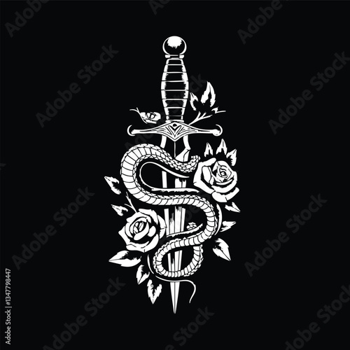 White snake coiled around a dagger and roses, on a black background